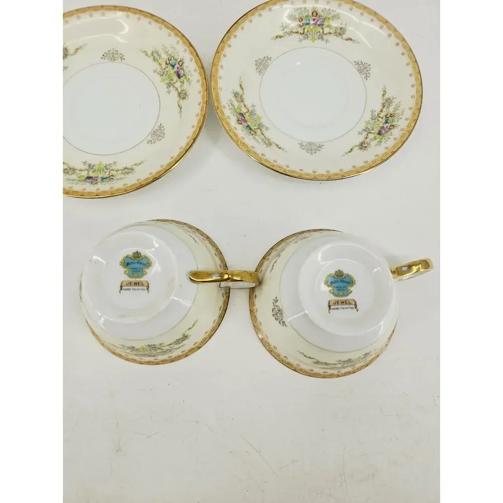 Meito Jewel Floral & Gold Pattern Set Of 2 Cups & Saucers & Creamer Japan